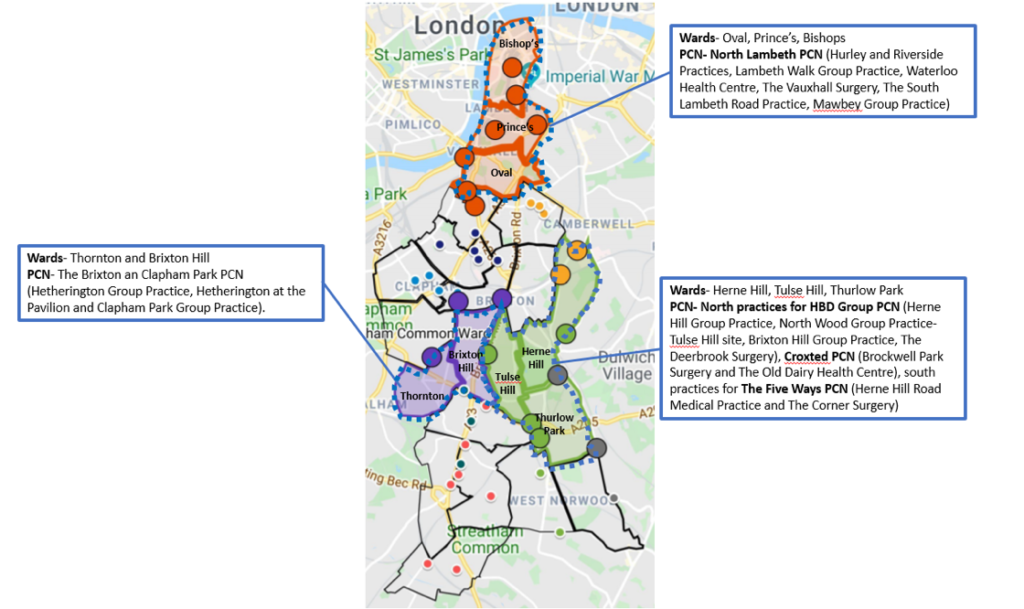 Map showing the different neighbourhoods in Lambeth