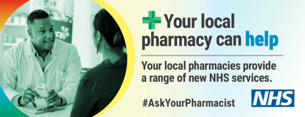 Photo of pharmacist talking to a customer with the caption 'your local pharmacy can help' 