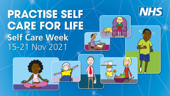 Self care week collage of illustrations showing people exercising, meditating and eating well