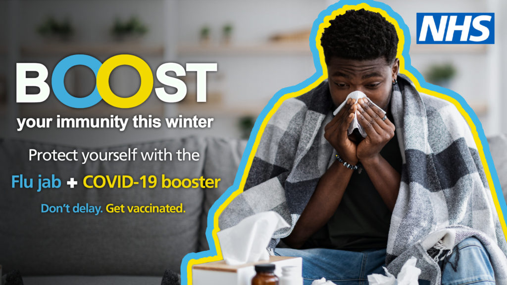 Young unwell black man. Boost campaign for flu and covid vaccines image