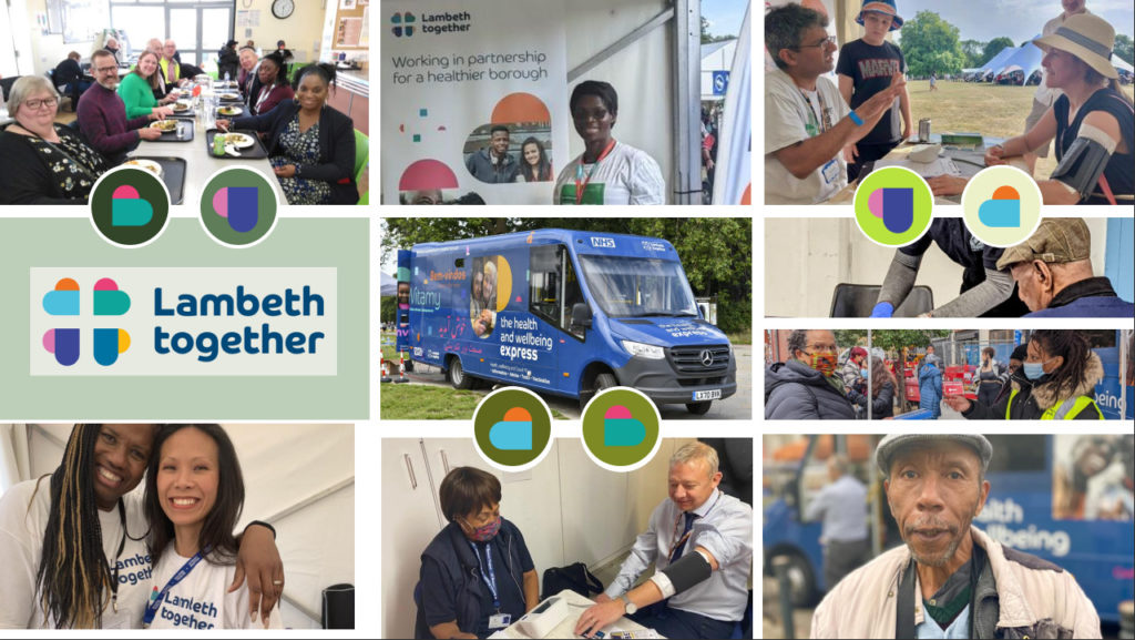 Collage of Lambeth Together events through the year 2022 including the health and wellbeing bus in the centre