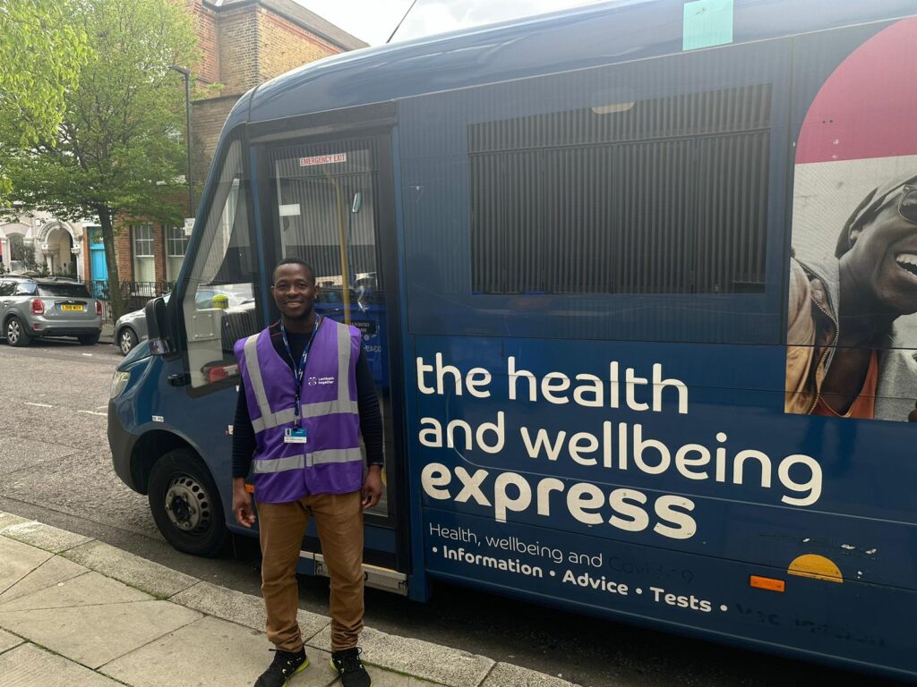 Photo of Aderito, local health champion, at the Health and Wellbeing Bus