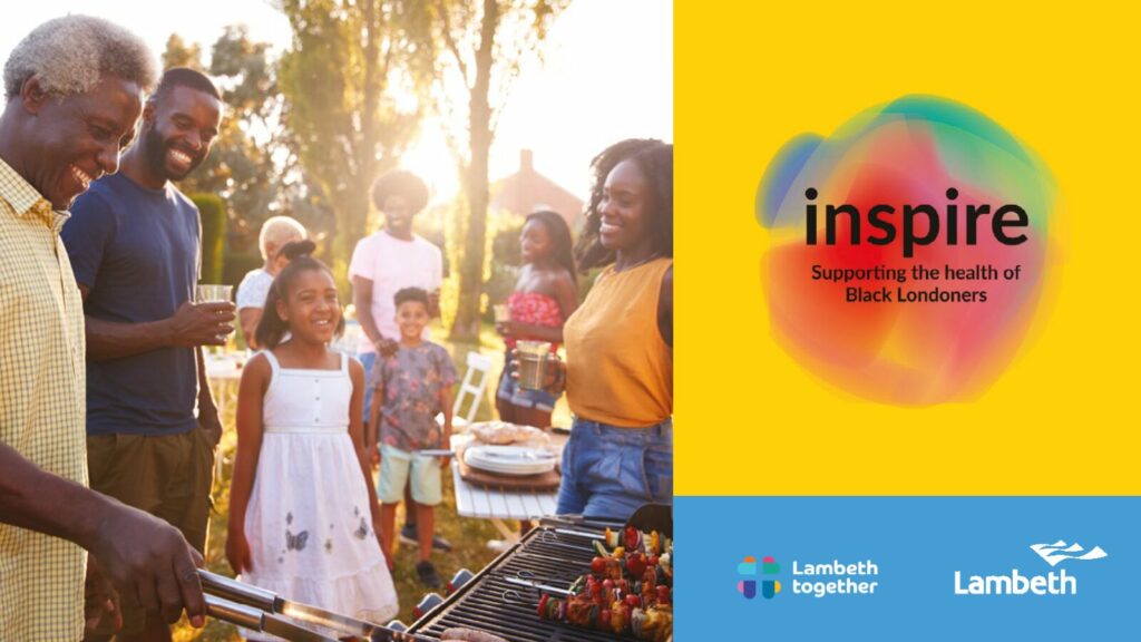 Inspire event image depicts a happy black family of all generations enjoying a BBQ in the sun