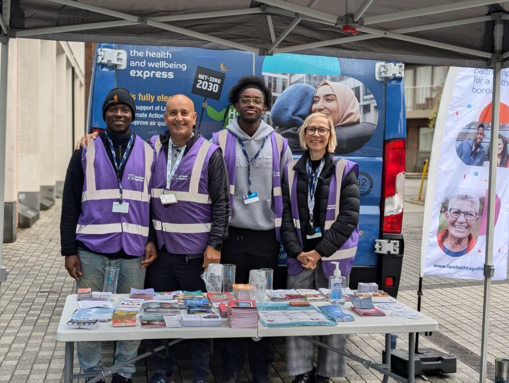 Health Champions at the Lambeth Together Health and Wellbeing Bus from left to right - Aderito, Mem, Mo and Gail