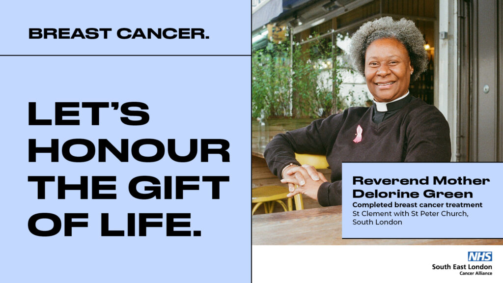 Breast Cancer: Let's honour the gift of life. Photo of Reverend Mother Delorine Green who completed breast cancer treatment